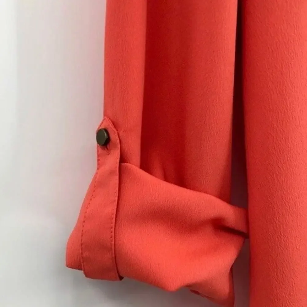 Liz Claiborne Women's Blouse M Coral Orange Shawl Collar Roll Tab Sleeve V Neck - Picture 5 of 7